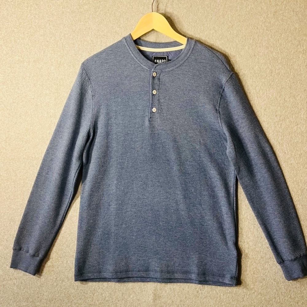Anapo waffle thermal henley men blue long sleeve sz S/M small medium stretch